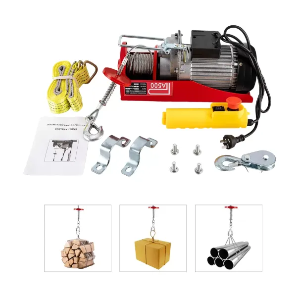 Electric Hoist Winch Crane 250/500KG Rope Tool Remote Chain Lifting Cable 6M 12M
