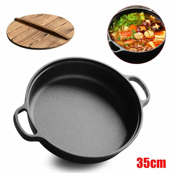 35cm Cast Iron Deep Frypan Steak Pot Thickened Pan Ears, Solid Wood Splicing