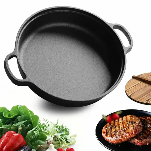 35cm Cast Iron Deep Frypan Steak Pot Thickened Pan Ears, Solid Wood Splicing