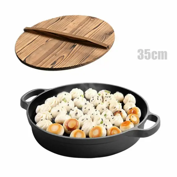 35cm Cast Iron Deep Frypan Steak Pot Thickened Pan Ears, Solid Wood Splicing 35cm Cast Iron Deep Frypan Steak Pot Thickened Pan Ears, Solid Wood Splicing