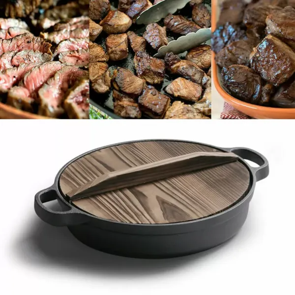 35cm Cast Iron Deep Frypan Steak Pot Thickened Pan Ears, Solid Wood Splicing