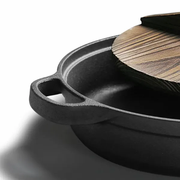 35cm Cast Iron Deep Frypan Steak Pot Thickened Pan Ears, Solid Wood Splicing