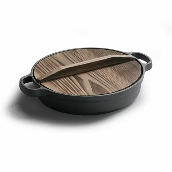 35cm Cast Iron Deep Frypan Steak Pot Thickened Pan Ears, Solid Wood Splicing