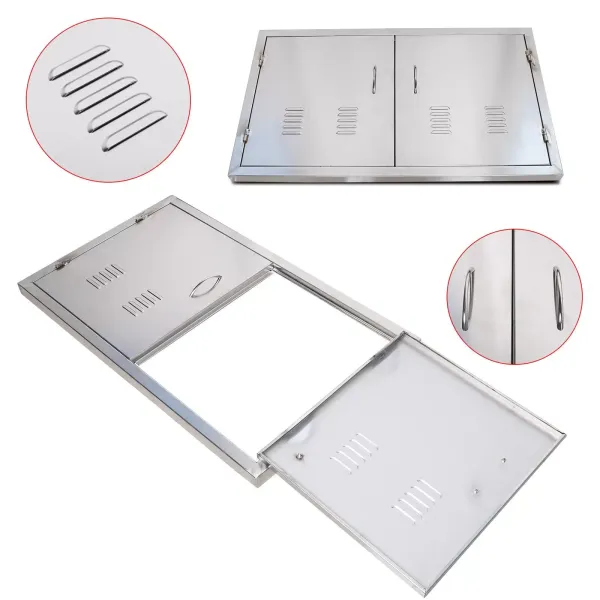 Outdoor Kitchen Entrance 12" x 21" Wall Construction Stainless Steel Flush-Mounted BBQ Island Double Door for Indoor and Outdoor Kitchens