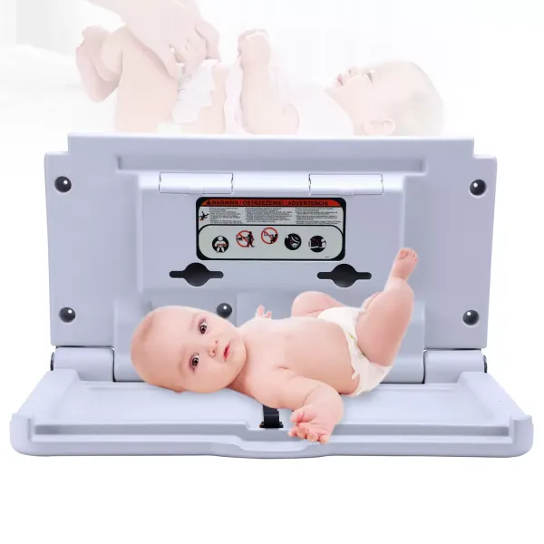 Commercial Wall Mounted Baby Changing Table Change Station w/ Safety Strap Grey with Tissue Box Hanging Hooks for Hotels Sprinkler Stores Shopping Malls Commercial Wall Mounted Baby Changing Table Change Station w/ Safety Strap Grey with Tissue Box Hanging Hooks for Hotels Sprinkler Stores Shopping Malls