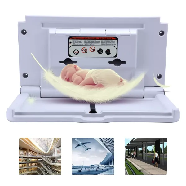 Commercial Wall Mounted Baby Changing Table Change Station w/ Safety Strap Grey with Tissue Box Hanging Hooks for Hotels Sprinkler Stores Shopping Malls