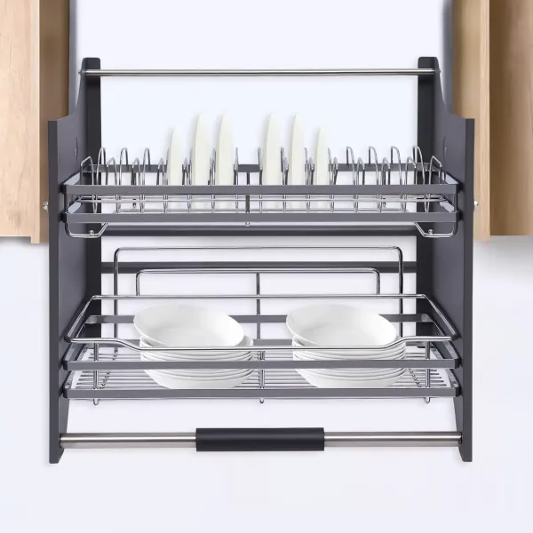 2 Tiers Pull Down Storage Shelf+Drip Tray Stainless Steel Large Capacity