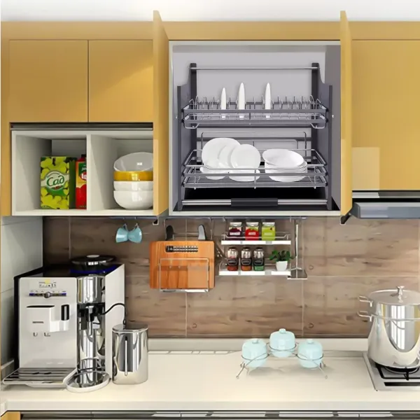 2 Tiers Pull Down Storage Shelf+Drip Tray Stainless Steel Large Capacity
