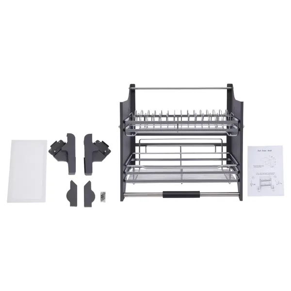 2 Tiers Pull Down Storage Shelf+Drip Tray Stainless Steel Large Capacity