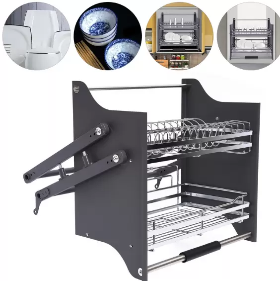 2 Tiers Pull Down Storage Shelf+Drip Tray Stainless Steel Large Capacity