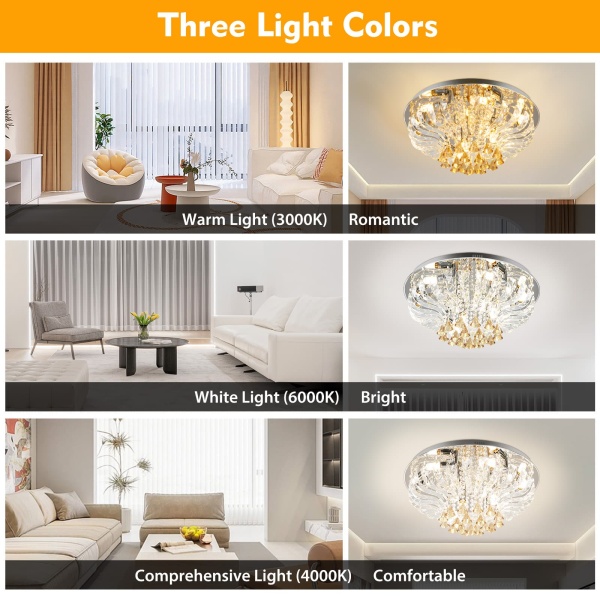 3-Color Dimmable Ceiling Light Crystal LED Lamp Living Room Bedroom Lgiht +RC