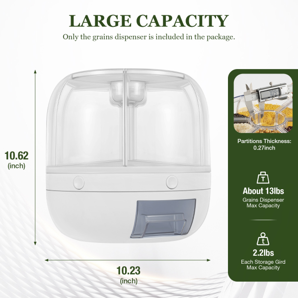 Grains Dispenser Kitchen Dry Food Rice Container 6-Grid Cereal Dispenser Storage Box For Storing Small Grains 10.23*10.62inch White