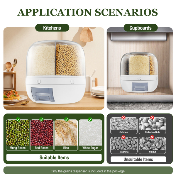 Grains Dispenser Kitchen Dry Food Rice Container 6-Grid Cereal Dispenser Storage Box For Storing Small Grains 10.23*10.62inch White