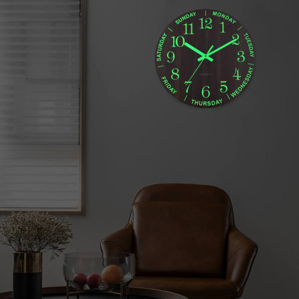 Brown 11.81-inch Luminous Wall Clock, Night Light Wall Clock with Silent Quartz Movement - Battery Powered