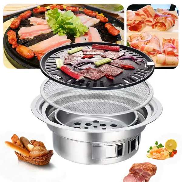 Round Charcoal BBQ Grill Quick and Efficient Nonstick Barbecue Grill Household Smokeless Carbon Grill Charcoal Hot Pot for Picnics Camping