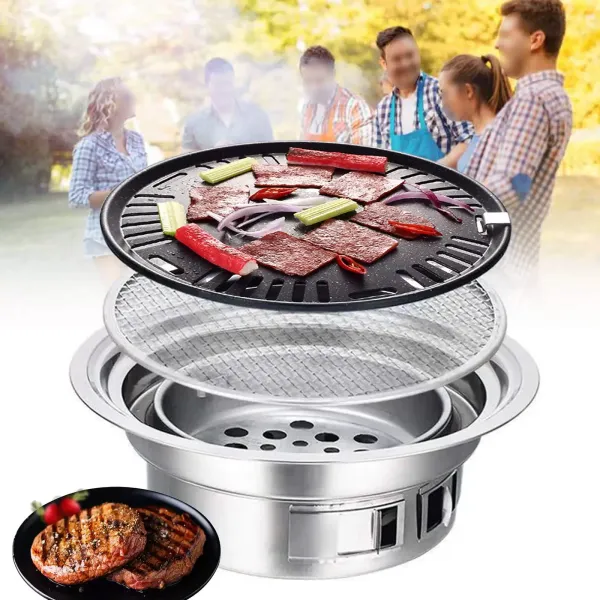 Round Charcoal BBQ Grill Quick and Efficient Nonstick Barbecue Grill Household Smokeless Carbon Grill Charcoal Hot Pot for Picnics Camping