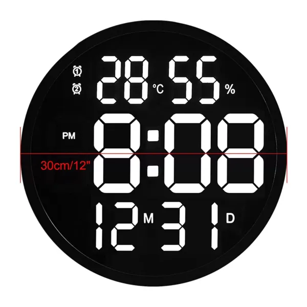 12" LED Wall Clock Large Digital Clock with Temperature Humidity Calendar Round