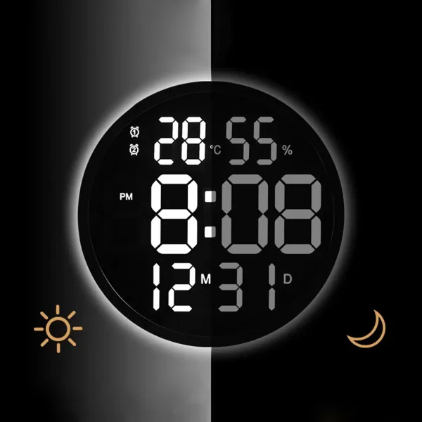 12" LED Wall Clock Large Digital Clock with Temperature Humidity Calendar Round