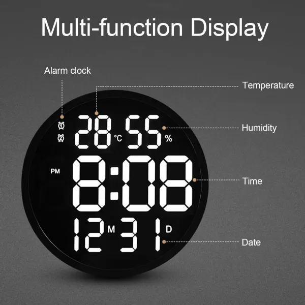12" LED Wall Clock Large Digital Clock with Temperature Humidity Calendar Round
