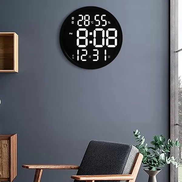 12" LED Wall Clock Large Digital Clock with Temperature Humidity Calendar Round