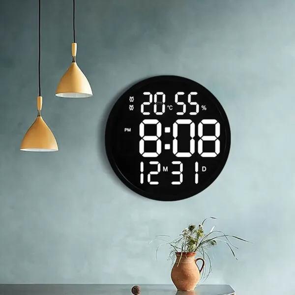 12" LED Wall Clock Large Digital Clock with Temperature Humidity Calendar Round