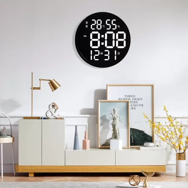 12" LED Wall Clock Large Digital Clock with Temperature Humidity Calendar Round