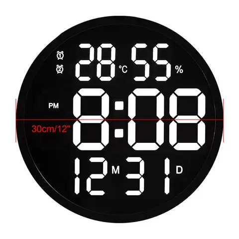 12" LED Wall Clock Large Digital Clock with Temperature Humidity Calendar Round