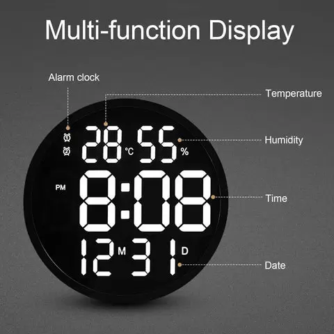 12" LED Wall Clock Large Digital Clock with Temperature Humidity Calendar Round