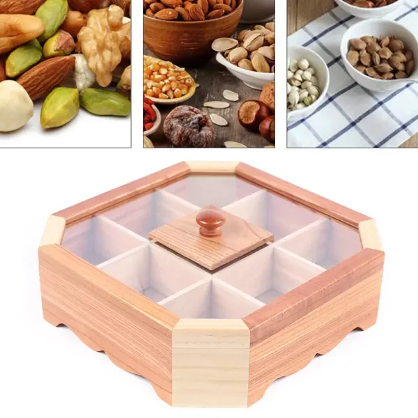 Antique Wood 9 Grids Storage Tray Compartment with Lid Living Room, Kitchen
