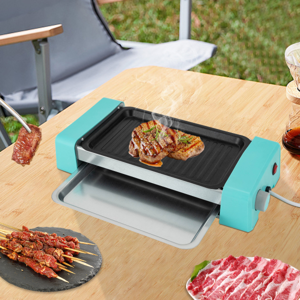 3-in-1 Electric Grilling Machine Hot Dog Grill Electric Barbecue Grill Electric Non-Stick Grill Hot Pot BBQ Grill for Cafeterias Snack Bars Light Green