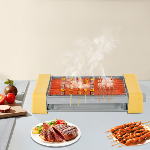 3-in-1 Electric Grilling Machine Hot Dog Grill Electric Barbecue Grill Electric Non-Stick Grill Hot Pot BBQ Grill for Cafeterias Snack Bars Yellow