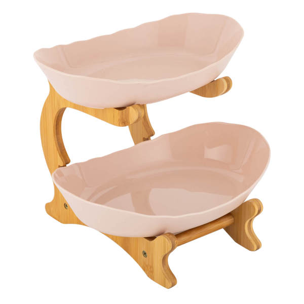 Beige Large 2 Tier Fruit Bowl, Fruit Basket Stand, Fruit Serving Tray - PP & Bamboo Wood, Split Design Beige Large 2 Tier Fruit Bowl, Fruit Basket Stand, Fruit Serving Tray - PP & Bamboo Wood, Split Design