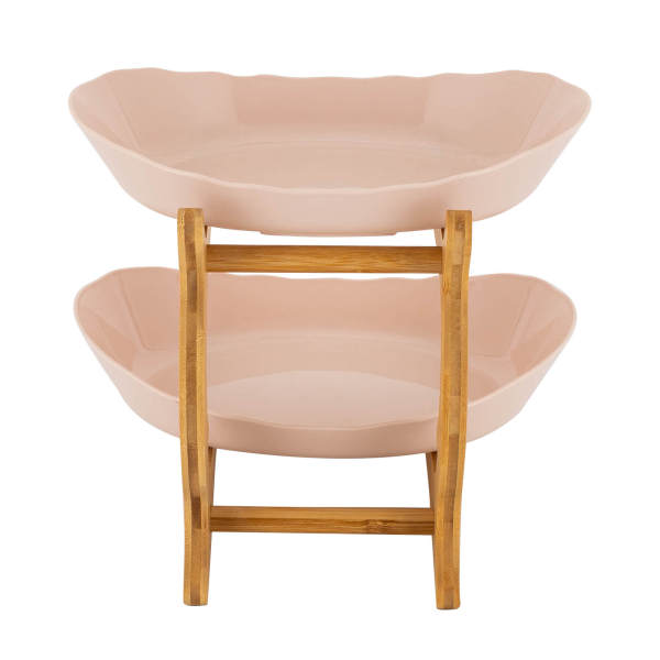 Beige Large 2 Tier Fruit Bowl, Fruit Basket Stand, Fruit Serving Tray - PP & Bamboo Wood, Split Design