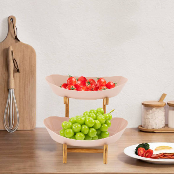 Beige Large 2 Tier Fruit Bowl, Fruit Basket Stand, Fruit Serving Tray - PP & Bamboo Wood, Split Design Beige Large 2 Tier Fruit Bowl, Fruit Basket Stand, Fruit Serving Tray - PP & Bamboo Wood, Split Design