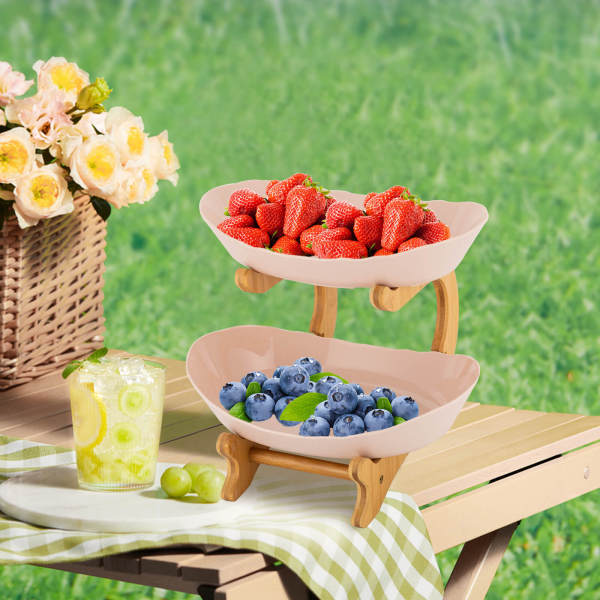 Beige Large 2 Tier Fruit Bowl, Fruit Basket Stand, Fruit Serving Tray - PP & Bamboo Wood, Split Design