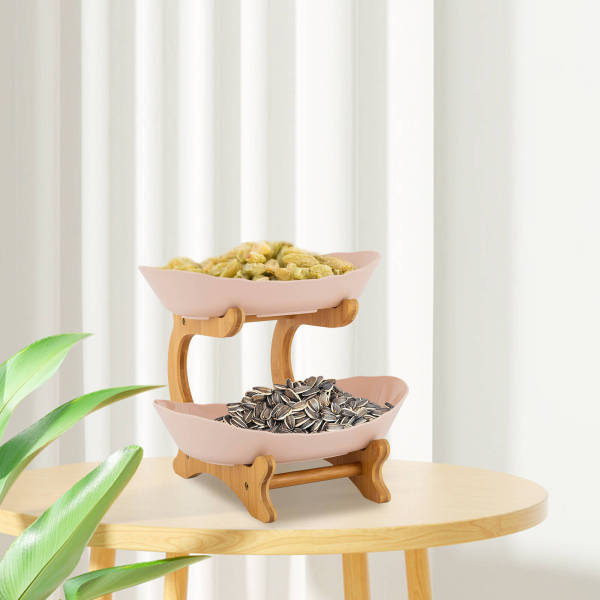 Beige Large 2 Tier Fruit Bowl, Fruit Basket Stand, Fruit Serving Tray - PP & Bamboo Wood, Split Design Beige Large 2 Tier Fruit Bowl, Fruit Basket Stand, Fruit Serving Tray - PP & Bamboo Wood, Split Design