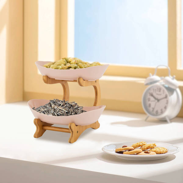 Beige Large 2 Tier Fruit Bowl, Fruit Basket Stand, Fruit Serving Tray - PP & Bamboo Wood, Split Design Beige Large 2 Tier Fruit Bowl, Fruit Basket Stand, Fruit Serving Tray - PP & Bamboo Wood, Split Design