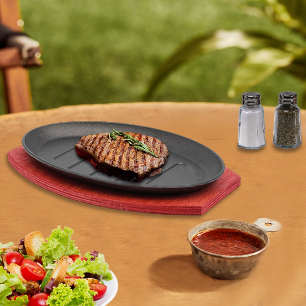 Steak Sizzle Plate Iron Skillet Grill Pan BBQ Grillpan Flat With Wood Base