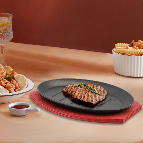 Steak Sizzle Plate Iron Skillet Grill Pan BBQ Grillpan Flat With Wood Base