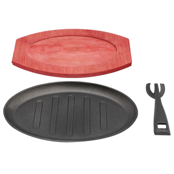Steak Sizzle Plate Iron Skillet Grill Pan BBQ Grillpan Flat With Wood Base
