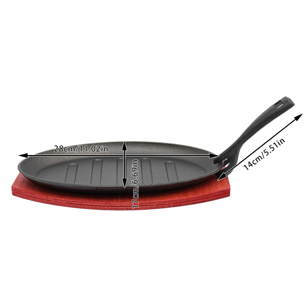 Steak Sizzle Plate Iron Skillet Grill Pan BBQ Grillpan Flat With Wood Base