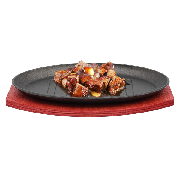 Steak Sizzle Plate Iron Skillet Grill Pan BBQ Grillpan Flat With Wood Base