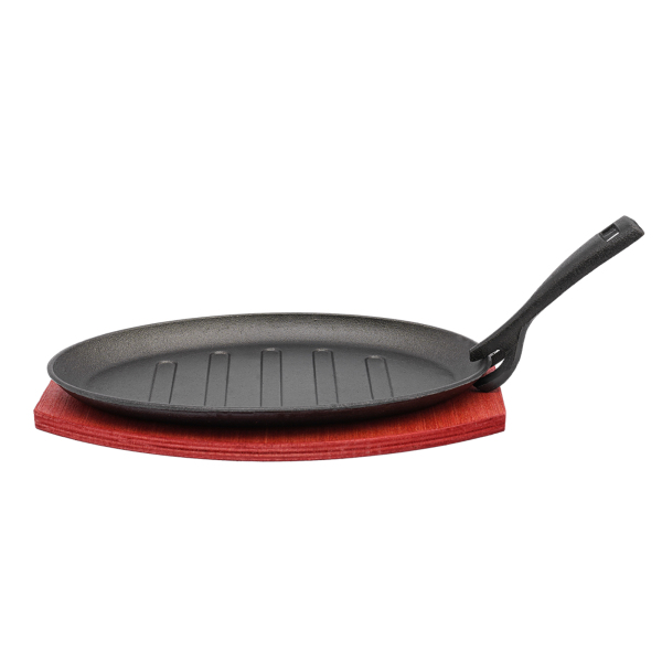 Steak Sizzle Plate Iron Skillet Grill Pan BBQ Grillpan Flat With Wood Base
