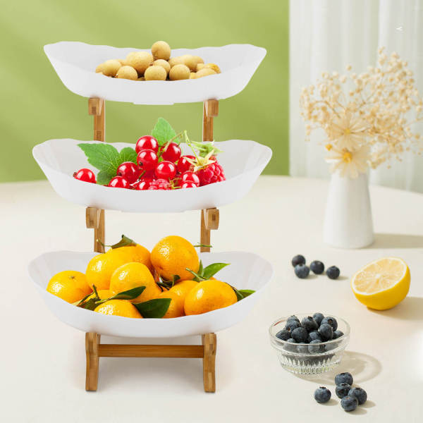 White 3-Tier Serving Bowls with Stand, Snack Dessert Cake Tray Plate Rack for Party Wedding, Fruit Bowl with Bamboo Wood Stand