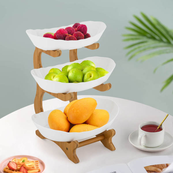 White 3-Tier Serving Bowls with Stand, Snack Dessert Cake Tray Plate Rack for Party Wedding, Fruit Bowl with Bamboo Wood Stand