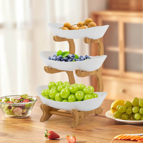 White 3-Tier Serving Bowls with Stand, Snack Dessert Cake Tray Plate Rack for Party Wedding, Fruit Bowl with Bamboo Wood Stand