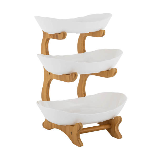 White 3-Tier Serving Bowls with Stand, Snack Dessert Cake Tray Plate Rack for Party Wedding, Fruit Bowl with Bamboo Wood Stand