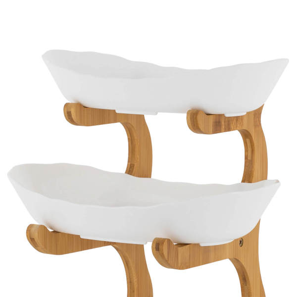White 3-Tier Serving Bowls with Stand, Snack Dessert Cake Tray Plate Rack for Party Wedding, Fruit Bowl with Bamboo Wood Stand