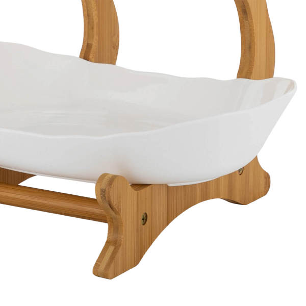 White 3-Tier Serving Bowls with Stand, Snack Dessert Cake Tray Plate Rack for Party Wedding, Fruit Bowl with Bamboo Wood Stand