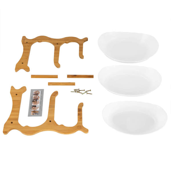 White 3-Tier Serving Bowls with Stand, Snack Dessert Cake Tray Plate Rack for Party Wedding, Fruit Bowl with Bamboo Wood Stand